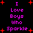 Black background with pink text reading "I Love Boys Who Sparkle" and red star-like symbols scattered throughout.