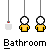 Pixelated character in yellow shirt with white head, holding a white object, displayed under 'Bathroom' text in a of identical repeated icons