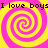 Four identical spiral patterns in yellow and pink with repeated text "I love boys" at top and bottom on a solid background.