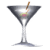 Animated martini glass with olive and toothpick, silver stem on white background.
