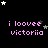 Pixelated text 'i loove victoria' in pink on black background with scattered white and gray stars.