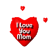 Red heart-shaped icon with 'I Love You Mom' text surrounded by floating red hearts on gray background.