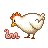 Pixel art chicken with orange comb and yellow beak stands beside pink worm on gray background, showing two distinct poses.