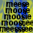 Pixelated text displays 'meep', 'moop', 'moosie', 'moosiee', 'meepsspeem', 'meepsspeee' in black on yellow-blue gradient background with blue pixel clusters.