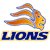 Pixelated graphic of a lion's head in profile with orange and blue tones, positioned above bold blue text reading 'LIONS' with a yellow outline.