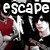 Animated sequence showing a group of people with red heart symbols, transitioning from 'escape the' text to '<3 fate' text.