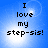 Blue background with white light burst and pixelated text reading "I love my step-sis!" in four identical