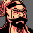 Pixelated static icon of a bearded man with glasses in profile view, rendered in orange and black tones on gray background.
