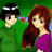 Pixelated static image of two anime-style characters against a green background, one with dark hair and green clothing, the other with long brown hair in purple.