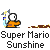 Pixelated orange character with white eyes and blue hat performs water-based animations above repeated text "Super Mario Sunshine" on gray background.