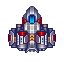 Pixel art spaceship with blue cockpit, red accents, and four engines on a gray background.