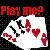 Red pixelated text 'Play me?' above a white speech bubble with black and red symbols on a black background.