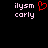 Pixelated text 'ilysm carly' in light pink on black background with a red heart symbol between the two lines of text.
