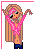 Animated pixel art contact sheet showing a cartoon girl with long brown hair and pink headband performing sequential arm movements, accompanied by changing pink text symbols on white background.