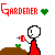 Pixel art icon showing a red-shirted gardener watering plants with water droplets, repeated across three with text and heart symbols above each