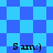 Four identical pixelated 'Sam:)' text instances on a blue checkered background with diamond-shaped pattern variations.
