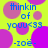 Yellow background with pink and purple circles, blue text reading 'thinkin of youu<93 -ioe-', and a repeating pattern of text and circles.