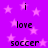Purple background with pink stars and repeated text elements including 'i', 'love', and 'soccer' in black pixelated font.