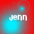 Red background with four cyan light effects and white text 'jenn' in pixelated font across quadrants.