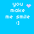 Blue background with white pixelated text reading 'you make me smile :]' and a pink heart or starburst symbol changing between frames.