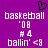 Purple background with white pixelated text reading basketball '08 #4 ballin' <9 and a black pixelated heart above the text.