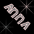 Pixelated 3D text spelling 'MOM' in light pink with gray checkerboard transparency, set against a black background with four starburst sparkles.