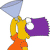 Pixelated character with blue triangular head, yellow torso, orange lower body, and purple rectangular arm holding a white circle.