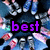 A pixelated image with repeated anime-style figures wearing blue shoes and pink-and-white striped socks, overlaid with colored text blocks.