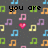 Pixelated icon with dark gray background featuring colorful musical notes and pink hearts, with text "you are the music in me" in black pixel font.