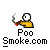 Pixelated character with white circular head and yellow shirt holding smoking pipe, text below reads 'Poo Smoke.com' on gray background.