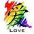 Rainbow-colored Chinese character with black outline and "LOVE" text below, displayed in a