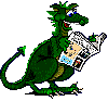 Green dragon with blue eyes reading a newspaper, four pixelated poses showing slight variations in stance and mouth expression.