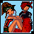 Pixel art contact sheet showing two frames of an animated buddy icon with a cartoon couple on the left and text "I Love Elissa" on the right against blue backgrounds.