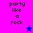 Pixelated text 'party like a rock' on split background with blue star and pink star icons.