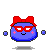 Blue pixelated character with red bow and glasses displays four distinct expressions and accessory positions