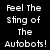 Pixelated yellow robot with black accents stands against red background, text above and below reads "Feel The Sting of The Autobots!" and "Sapphire".