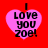 Four identical pink heart-shaped icons with black text "I Love you Zoe!" on a red background, arranged in a