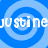 A 48x48 pixel animated buddy icon featuring a blue spiral background with repeated white text "justine" across multiple frames, displayed in a 2x2 contact sheet layout with gray transparency areas.