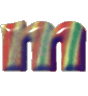 A single stylized letter 'm' with a smooth, rounded 3D form featuring blended rainbow colors on a plain gray background.