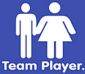 Static blue icon with white stick figures of a man and woman holding hands above the text "Team Player."