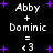 Pixelated text displays 'Abby + Dominic = <3' with purple stars on black background, repeated in two with slight variations in star placement and text spacing