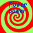Four identical spiral patterns with red and green stripes, each containing blue text reading 'flower power' in a pixelated font.