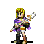 Pixelated character with blonde hair and purple cape holding a staff, shown in three sequential poses against gray background.