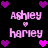 Pixelated text and heart symbols in pink and purple hues on a black background, arranged in a pattern with repeated elements