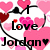 Pixelated icon with black text 'I love Jordan' surrounded by pink and red hearts on white background.