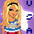 Pixelated character with blonde hair and blue eyes wears blue-and-white top with red bottom, standing against purple background with white star and blue text.