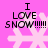 Pixelated pink background with four identical snowflake icons, each displaying 'I LOVE SNOW!!!!!!' text in black block letters.