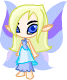 Pixelated character with blonde hair, blue eyes, and purple wings in four sequential expressions from open-eyed to closed-eyed states.