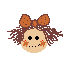 Pixelated doll face with brown curly hair, orange bow, black eyes, red star cheeks, and stitched mouth in six variations showing eye and head movements.