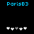 Blue pixelated text 'ParisB3' above two of white and gray plus signs on a black background